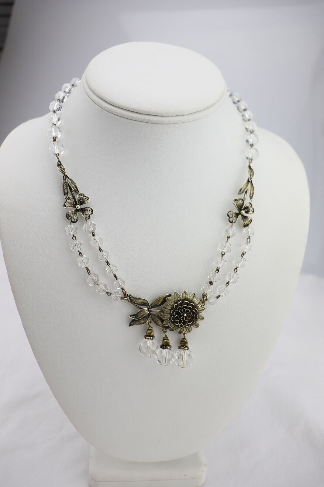 Early 1900's Vintage Gold Gilt Silver Filigree Rock Crystal NECKLACE 18"