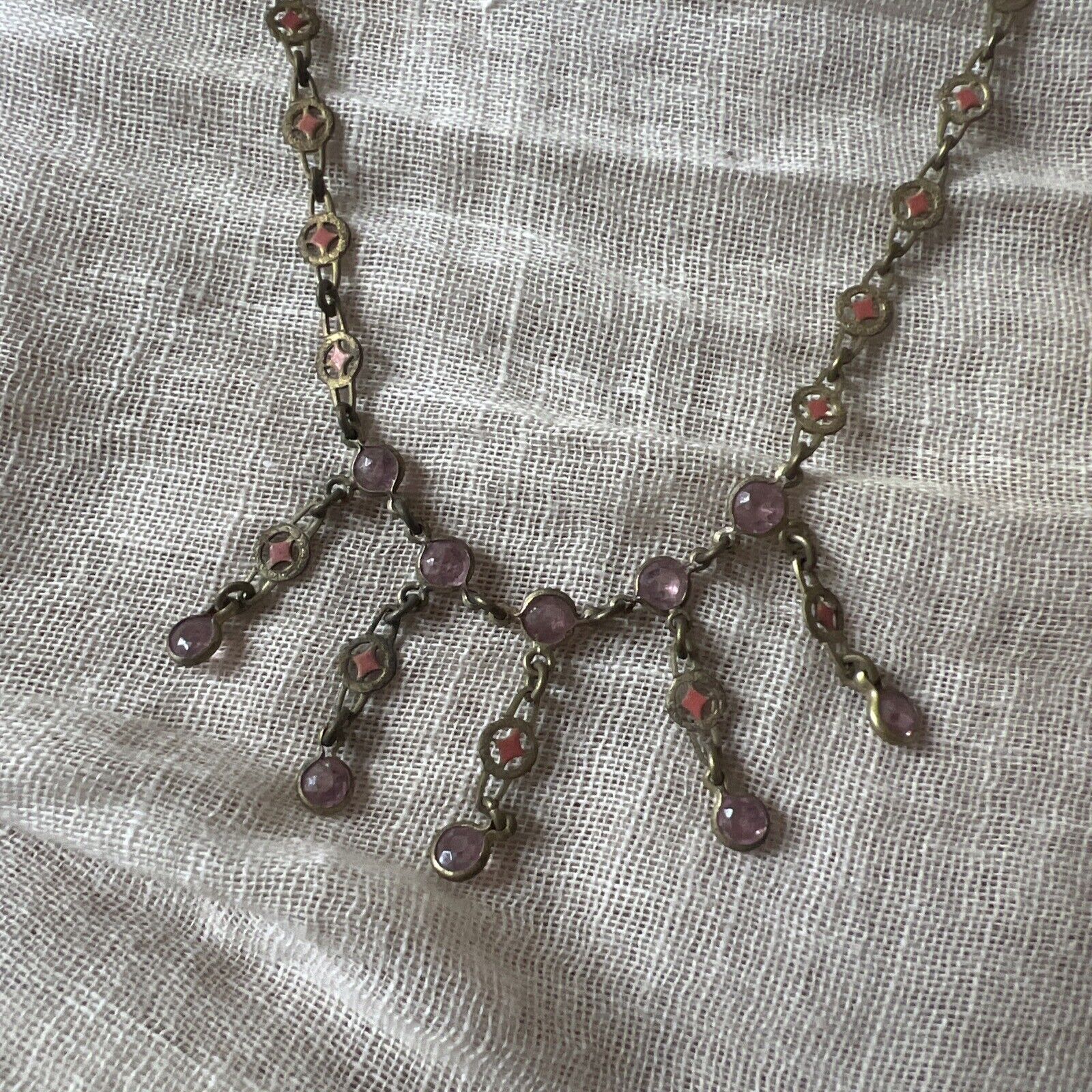 Antique Edwardian 1900s Brass & Pink Rhinestone Dangle Choker Necklace Vintage