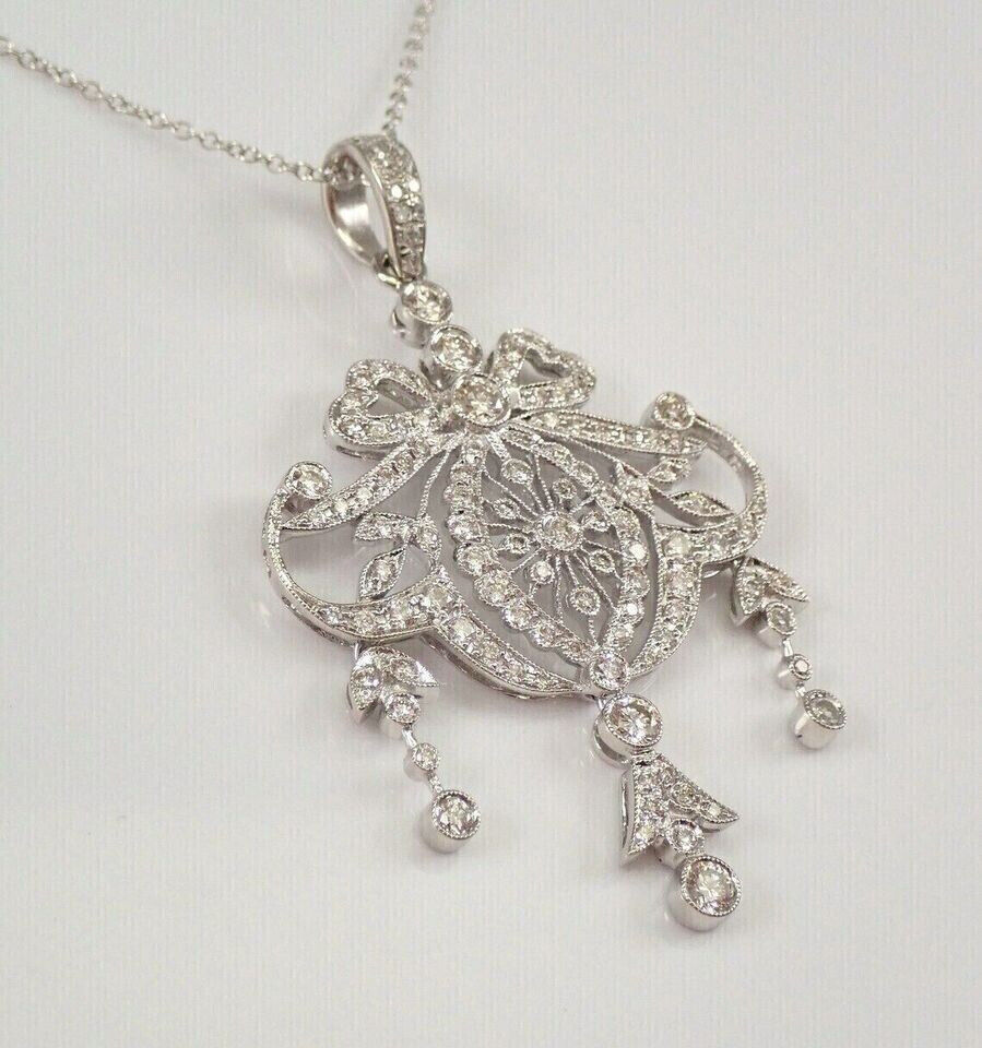Vintage Circa 1900's Wedding Necklace 14K White Gold Over 2 Ct Simulated Diamond
