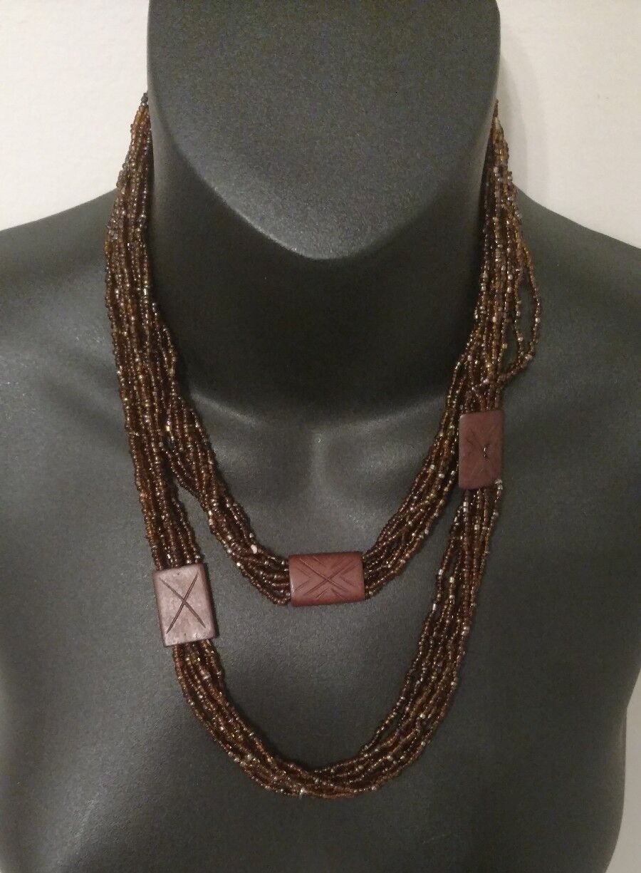 1900s Long Beaded Necklace Wood Carved Square Double Hang Small Stranded