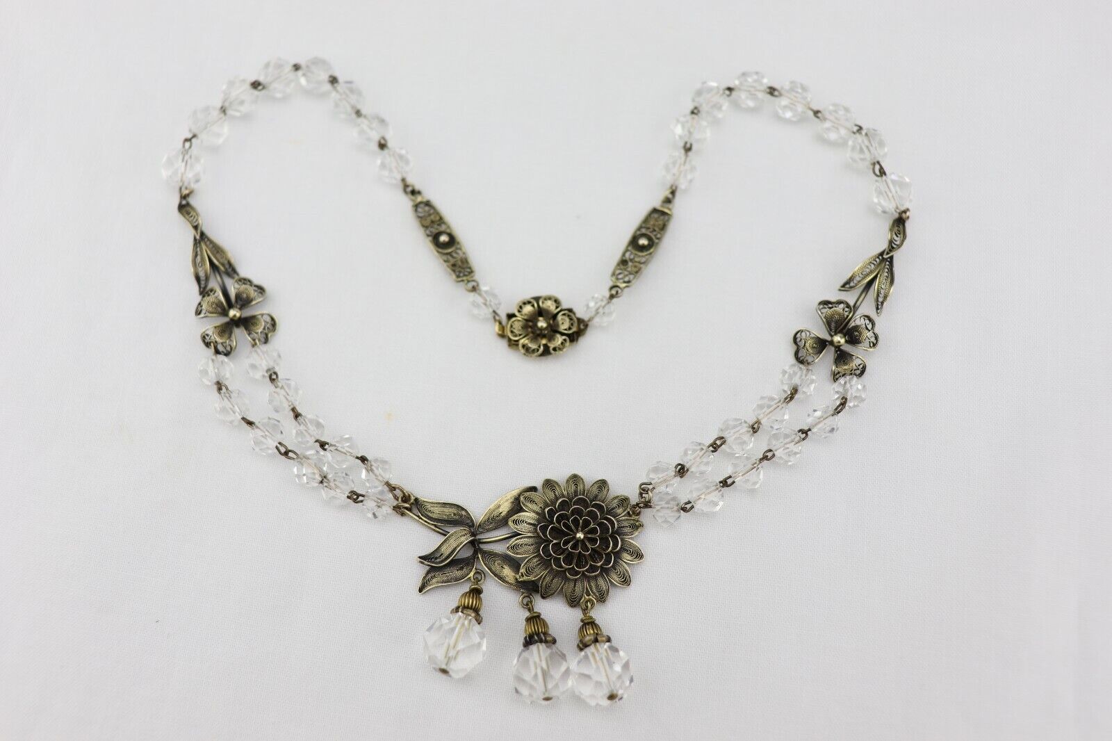 Early 1900's Vintage Gold Gilt Silver Filigree Rock Crystal NECKLACE 18"