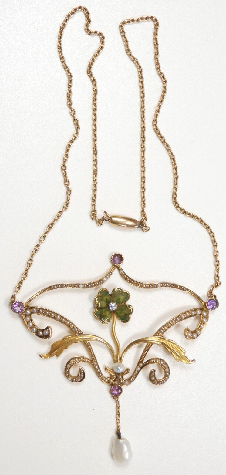 Antique Art Nouveau 1900'S Diamond Pearl Enamel Necklace 17 1/2" 14K Yellow Gold