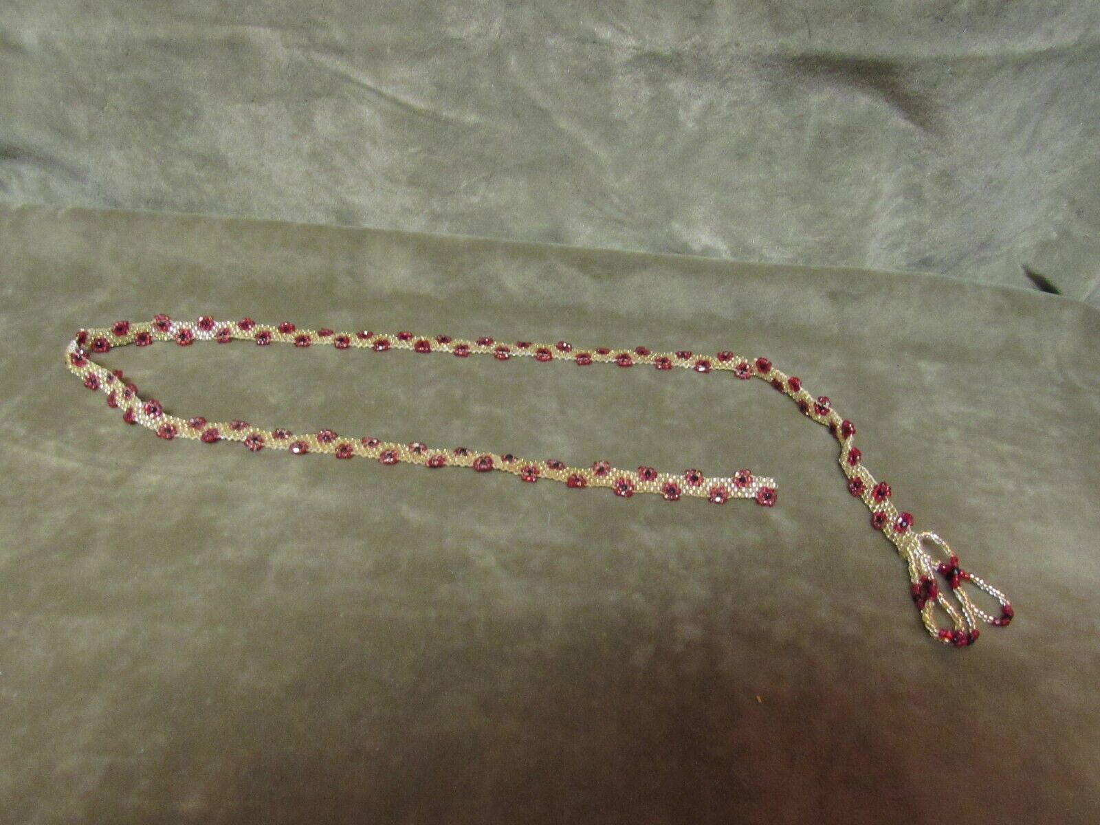 Circa 1900's Hand Made/Beaded Necklace/Belt Gold Ruby Black Glass Beads Flowers