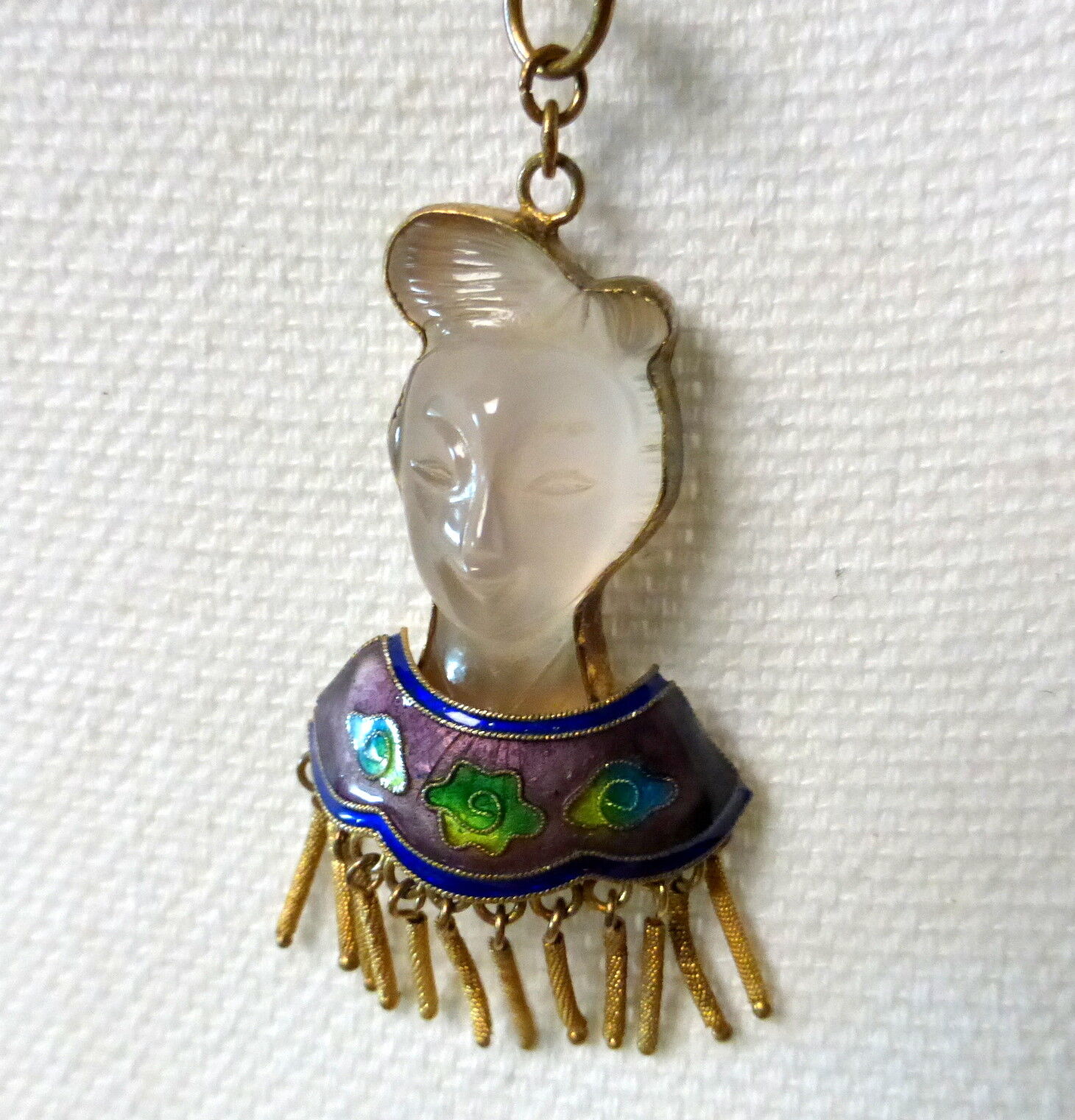1900s China Export Carved Quartz Asian Face Necklace Pendant Gilt Enamel Silver