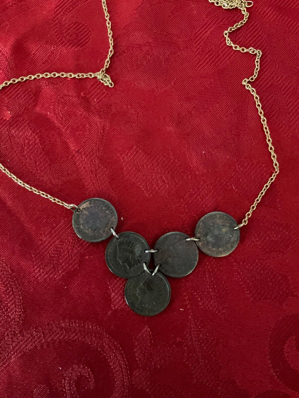VINTAGE 5 INDIAN HEAD PENNY NECKLACE ALL 1800s GOLD TONE CHAIN