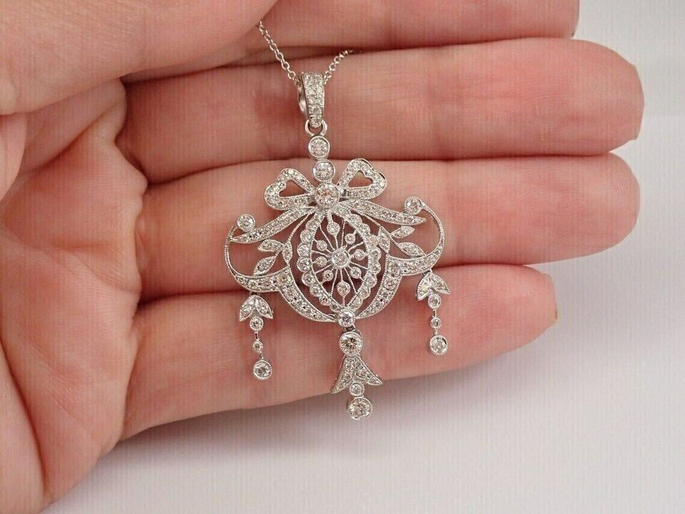 Vintage Circa 1900's Wedding Necklace 14K White Gold Over 2 Ct Simulated Diamond