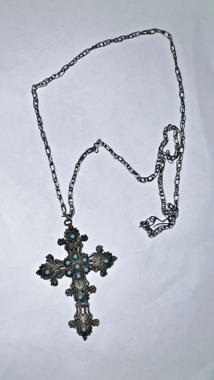 1800's Spectacular Antique Two-Sided Cross Pendant sterling w/ blue stones cl#9