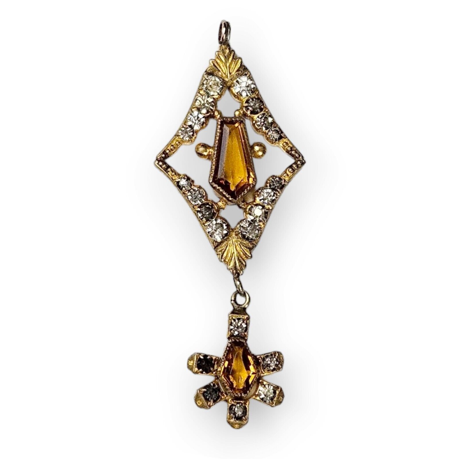 Antique Lavalier Pendant Art Deco Paste Stone Faux Citrine Brass Floral 1900s 2"