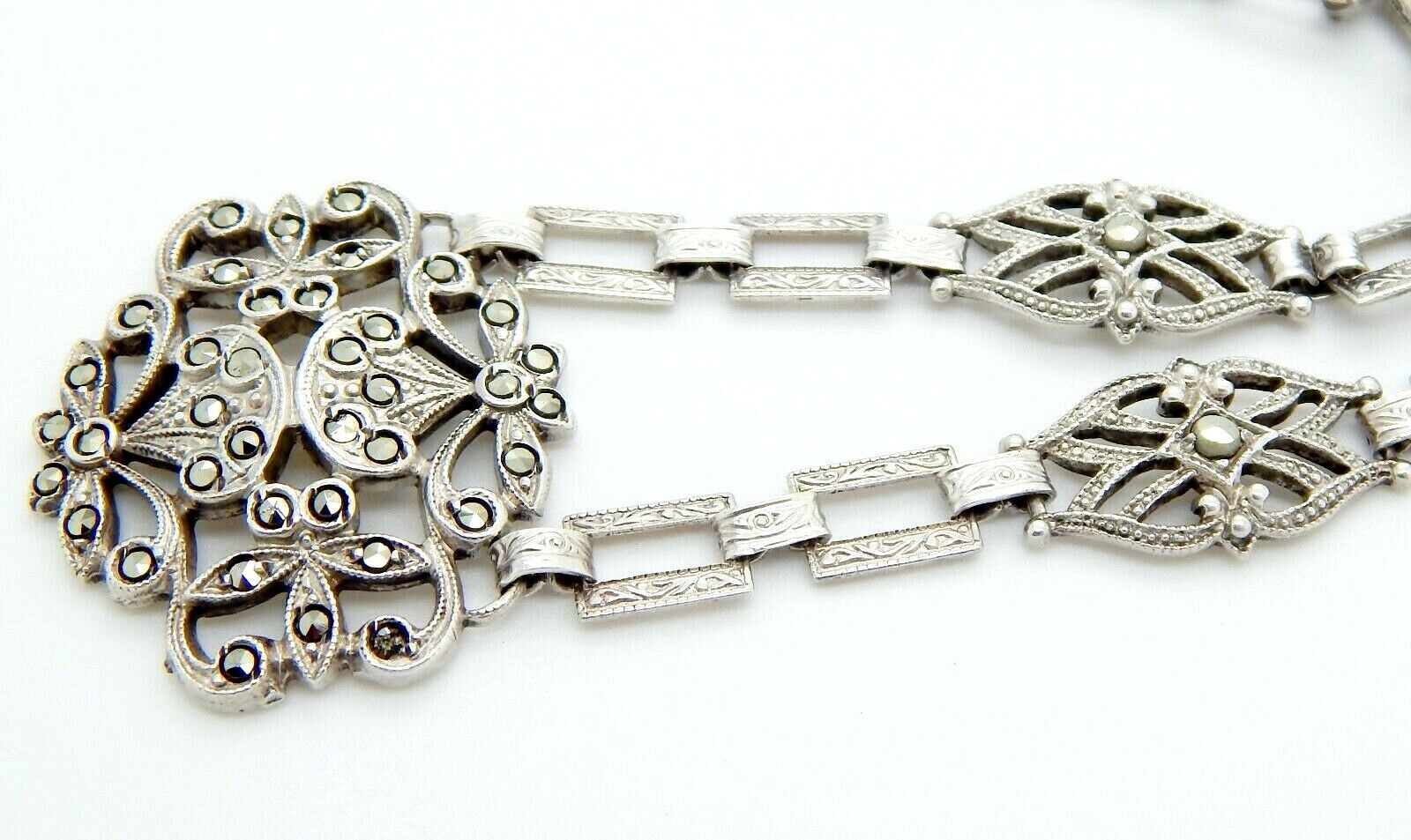 Antique 1900's Sterling Silver Marcasite Necklace 17" Beautifully Detailed Chain