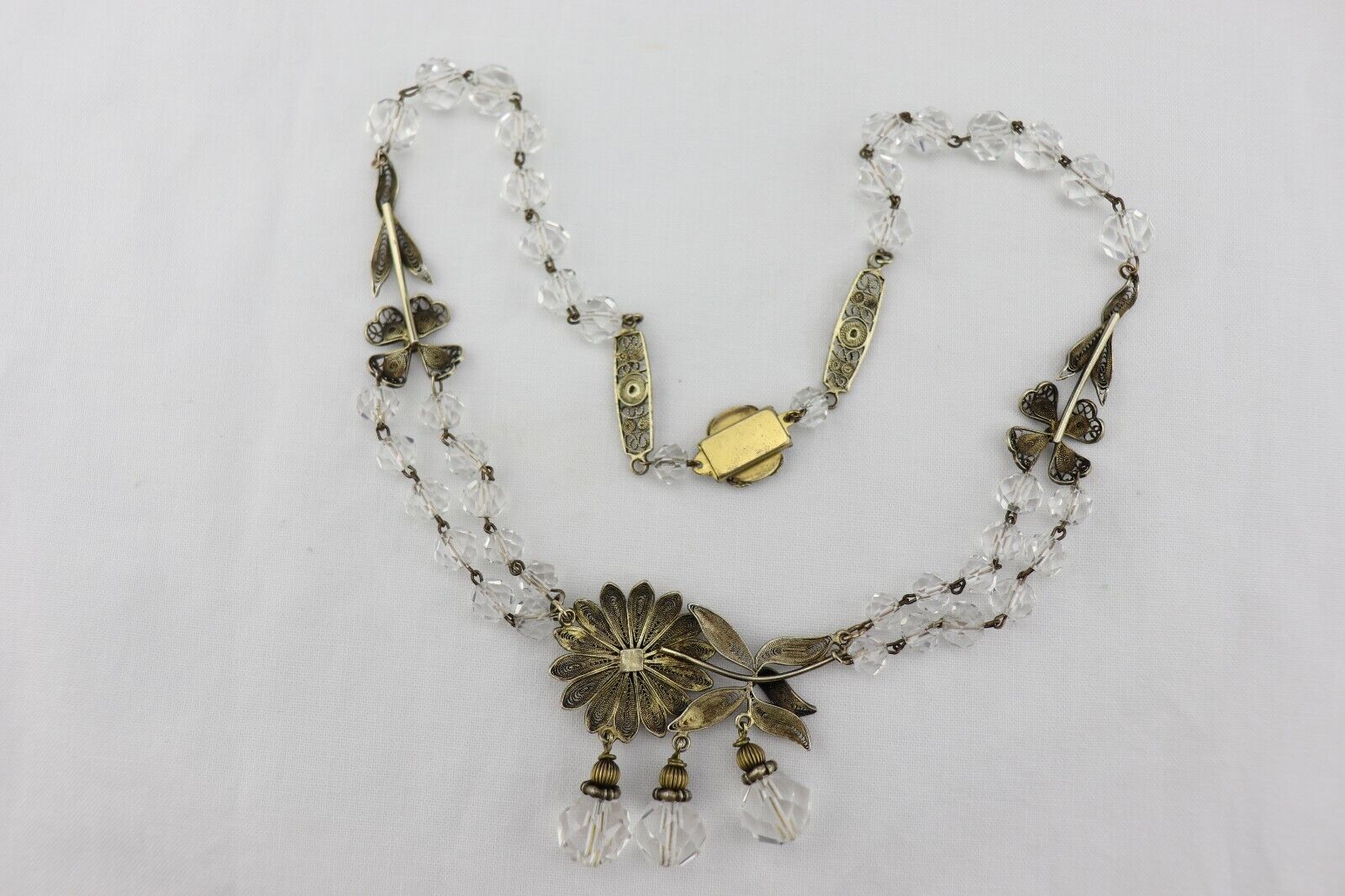 Early 1900's Vintage Gold Gilt Silver Filigree Rock Crystal NECKLACE 18"