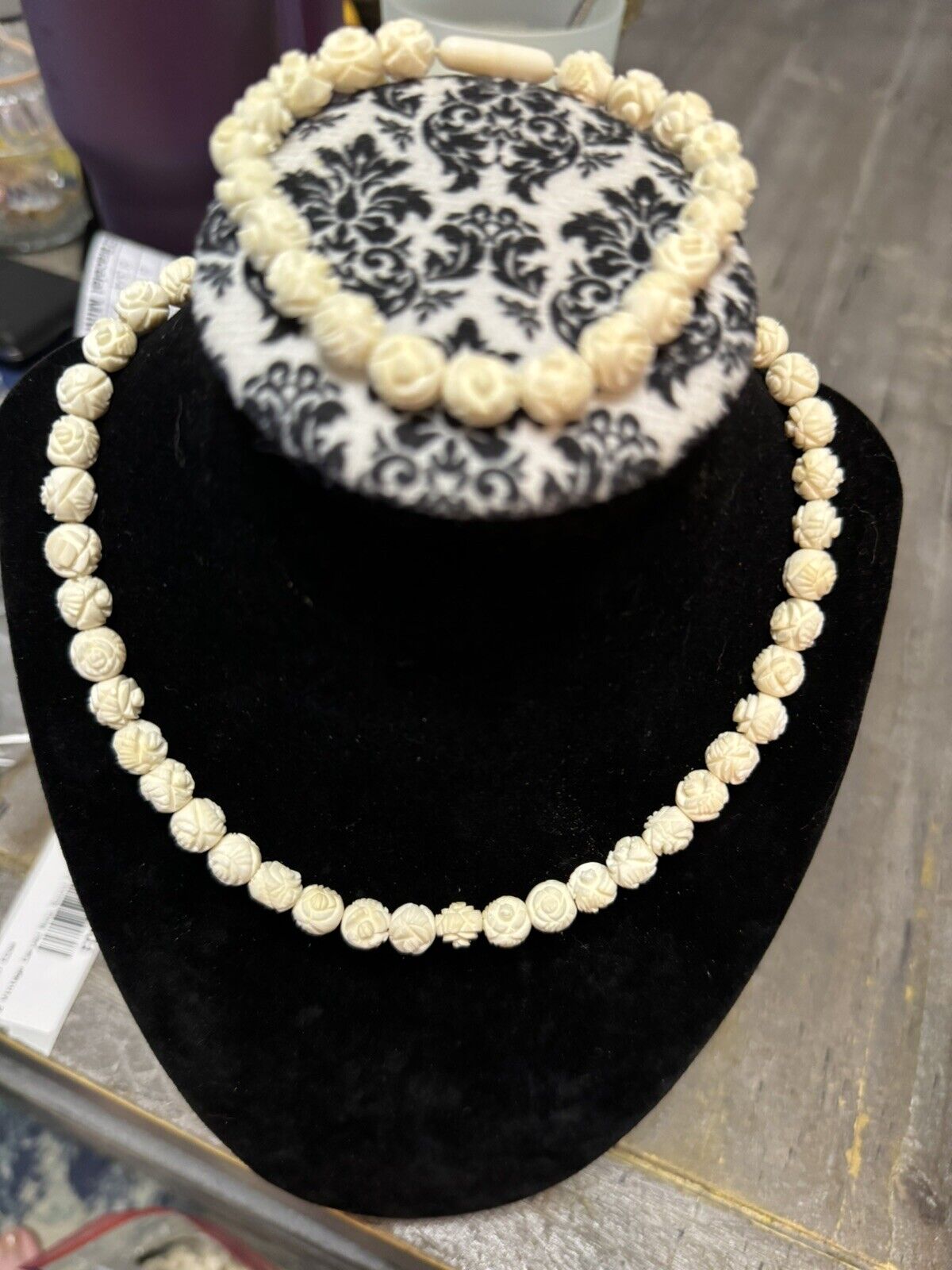 RARE Antique HandCarved Necklace/bracelet Earl 1900s Graduated Bead Floral 16”