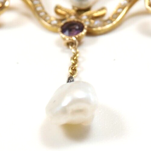Antique Art Nouveau 1900'S Diamond Pearl Enamel Necklace 17 1/2" 14K Yellow Gold