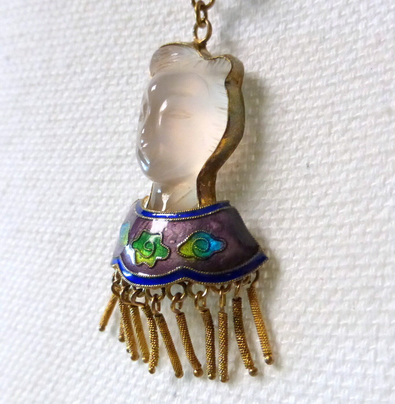 1900s China Export Carved Quartz Asian Face Necklace Pendant Gilt Enamel Silver