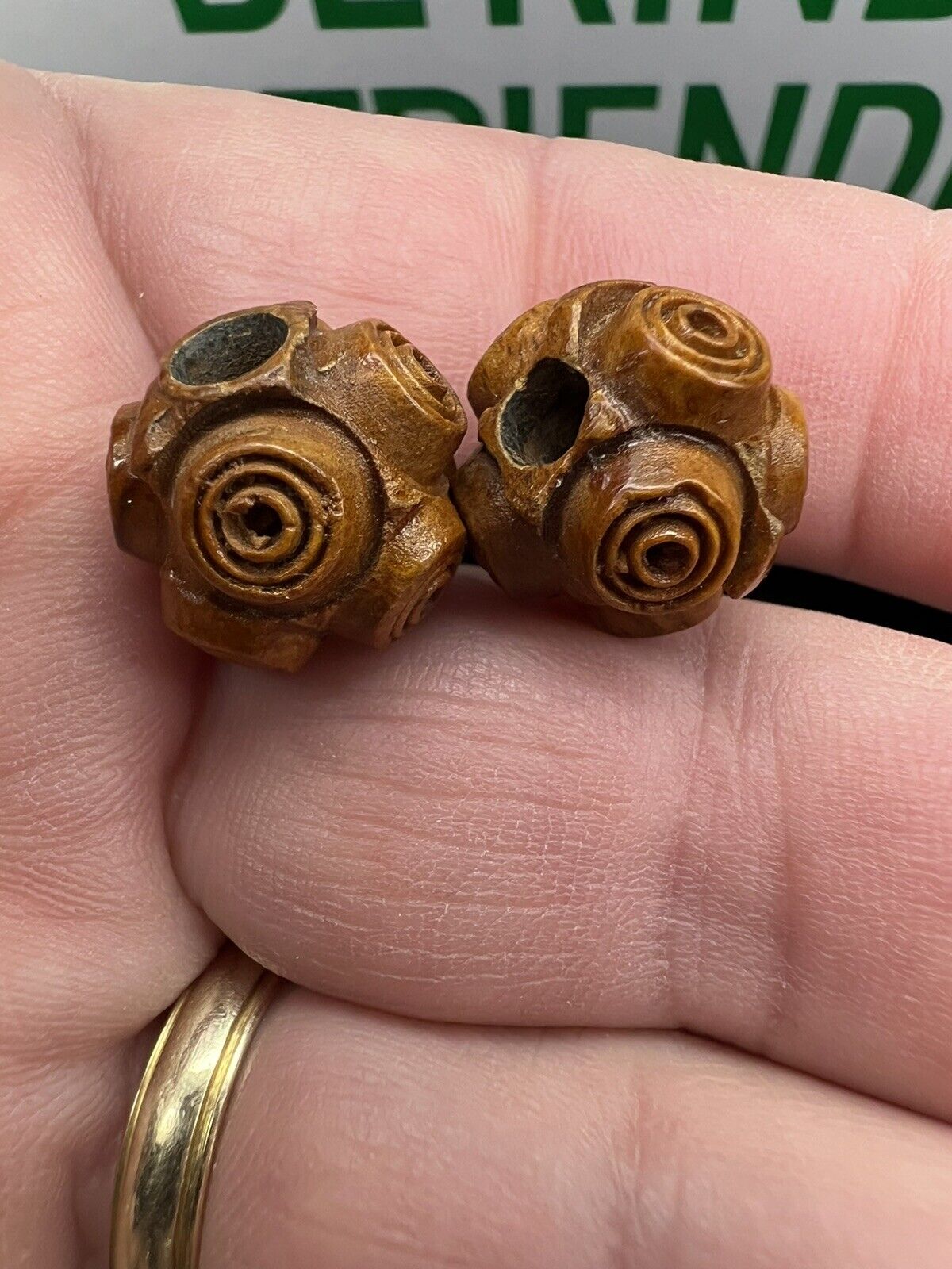 One pair 1800’s French wooden beads closely sized 15–16 mm collectible artisans