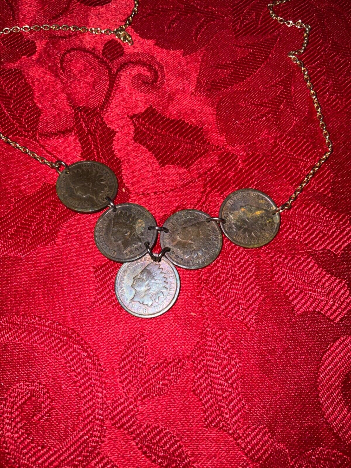 VINTAGE 5 INDIAN HEAD PENNY NECKLACE ALL 1800s GOLD TONE CHAIN