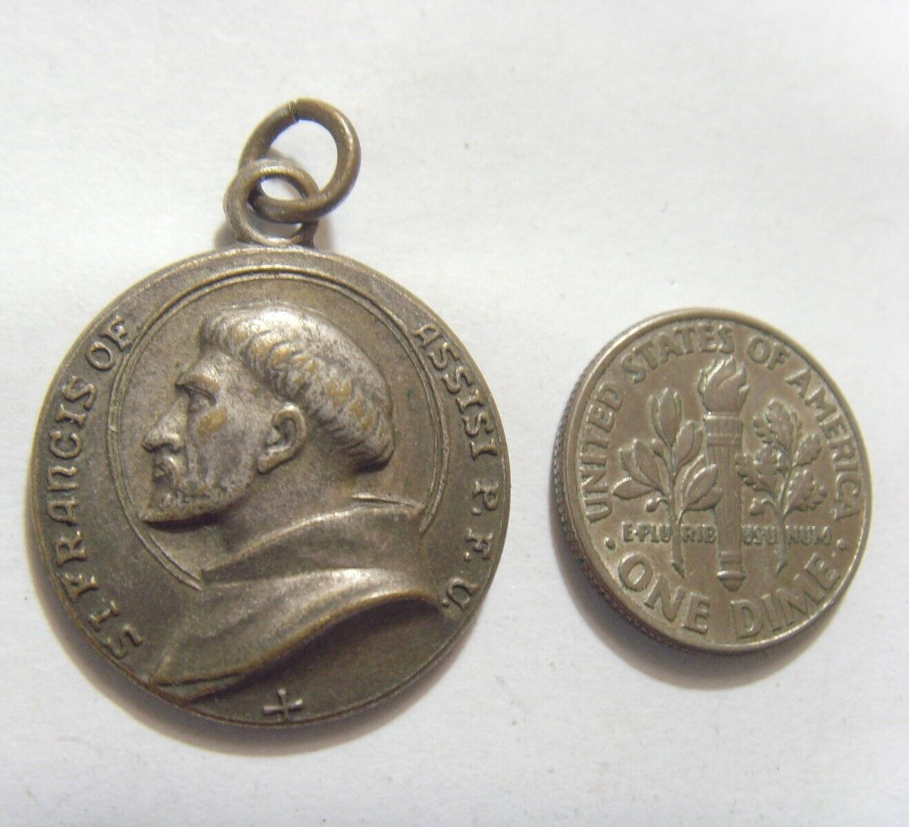 scarce 1800s Antiqu catholic Saint Frances Anthony Guard religious pendant 53166