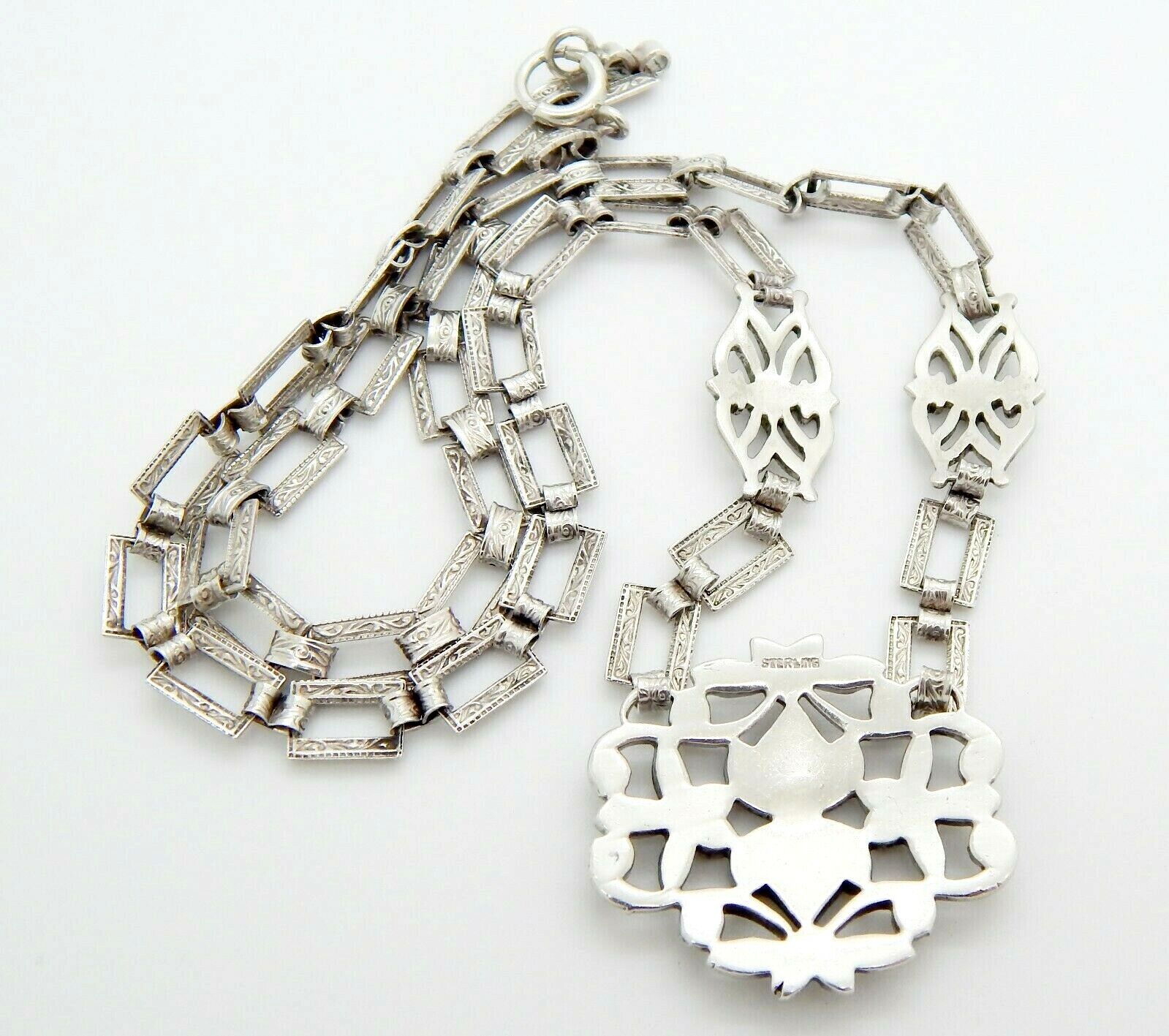 Antique 1900's Sterling Silver Marcasite Necklace 17" Beautifully Detailed Chain