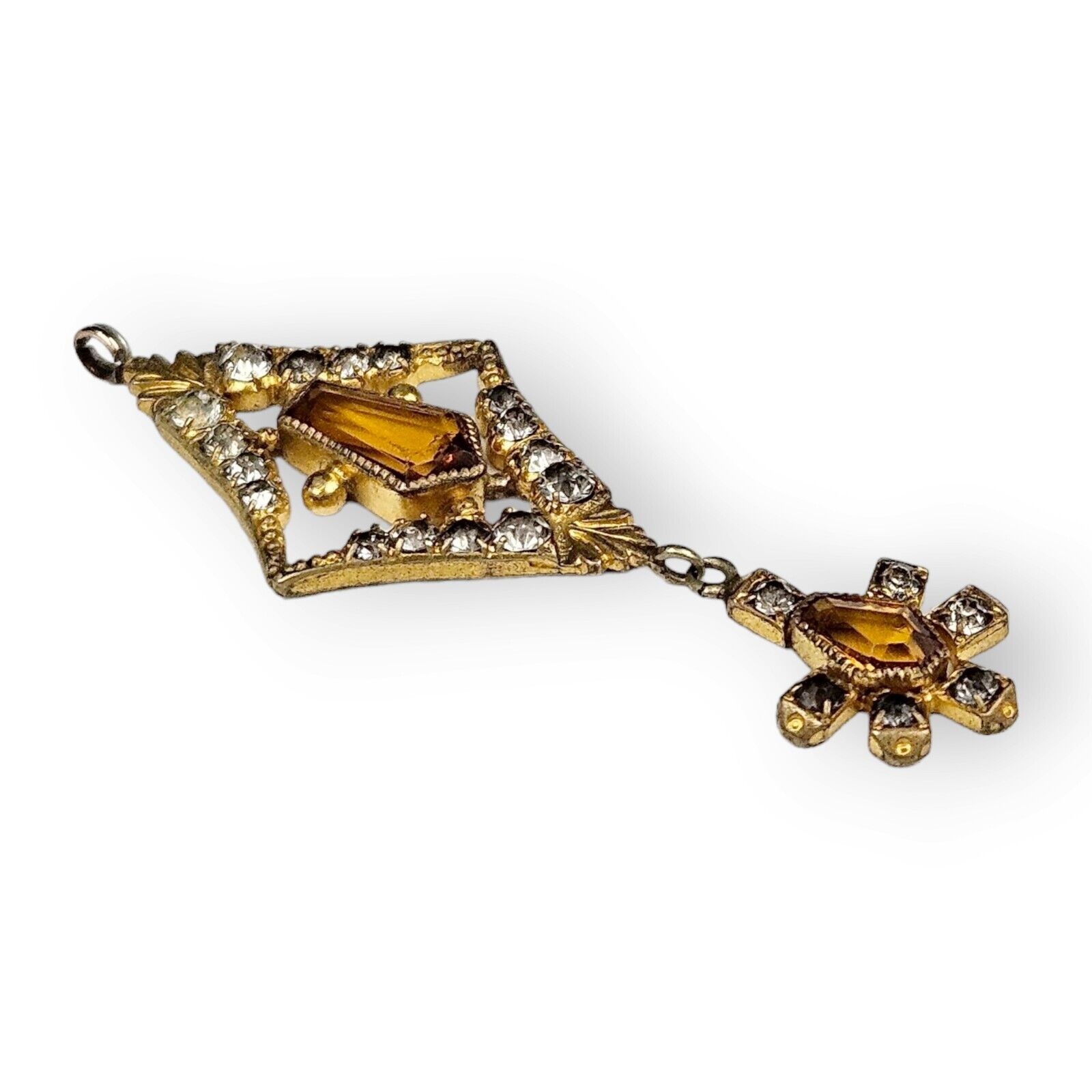 Antique Lavalier Pendant Art Deco Paste Stone Faux Citrine Brass Floral 1900s 2"