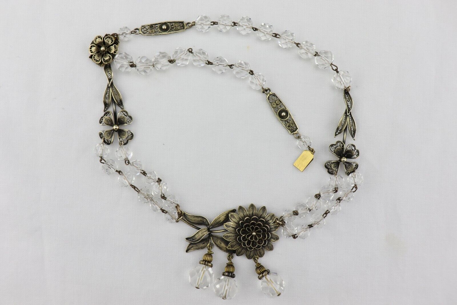 Early 1900's Vintage Gold Gilt Silver Filigree Rock Crystal NECKLACE 18"