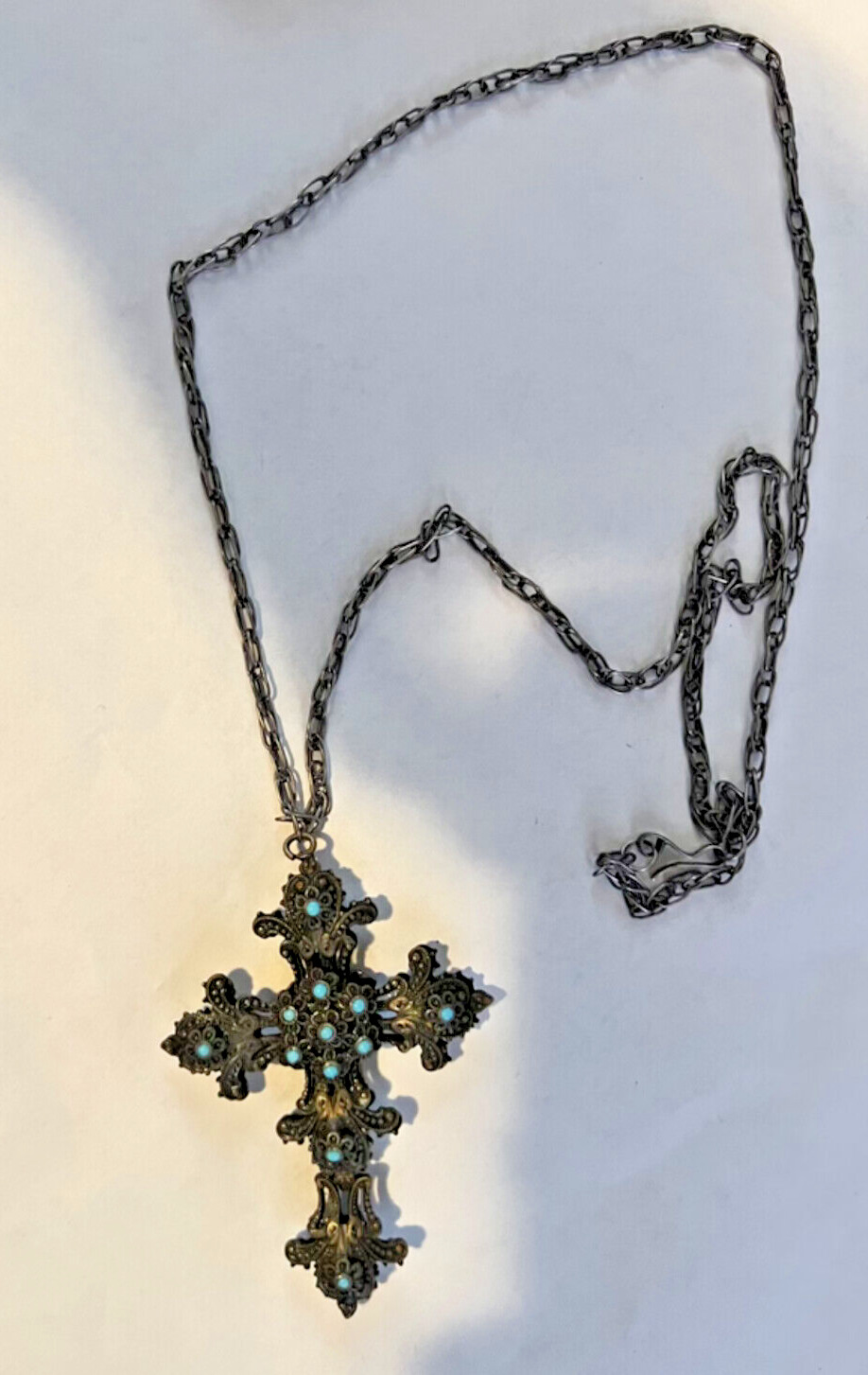 1800's Spectacular Antique Two-Sided Cross Pendant sterling w/ blue stones cl#9