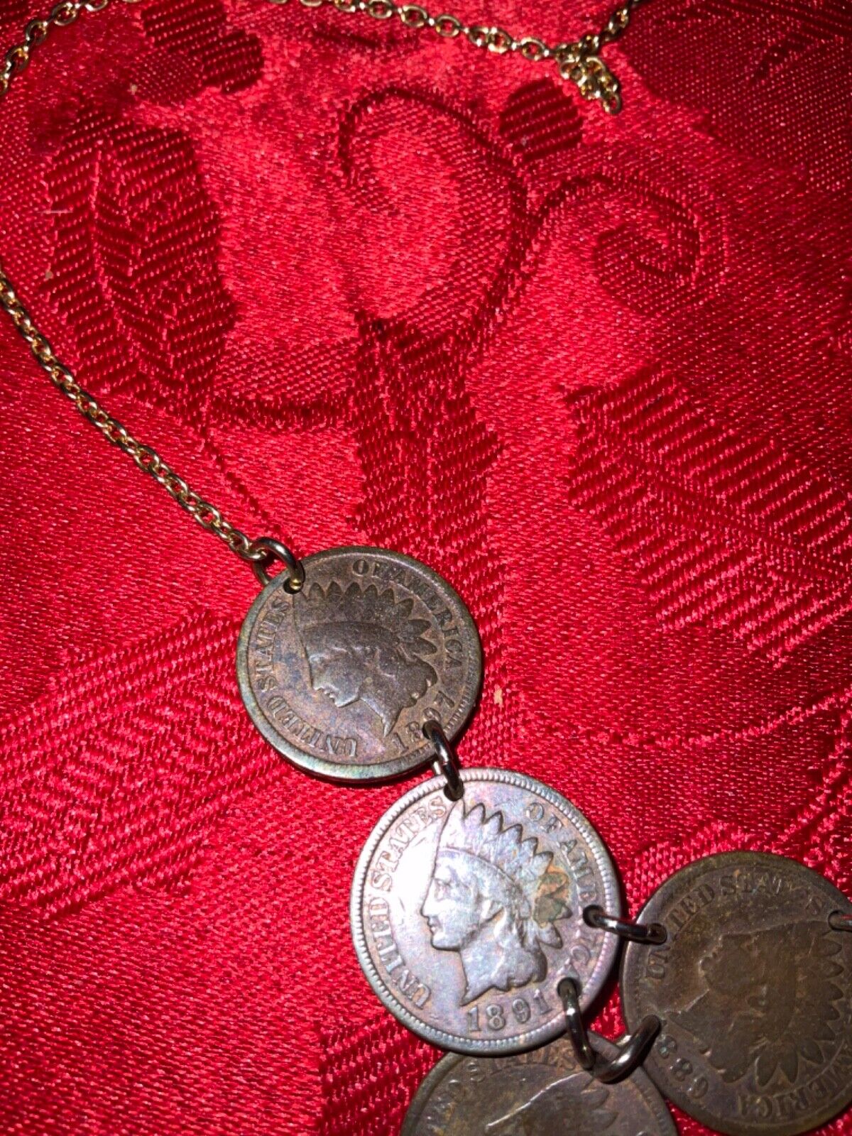 VINTAGE 5 INDIAN HEAD PENNY NECKLACE ALL 1800s GOLD TONE CHAIN