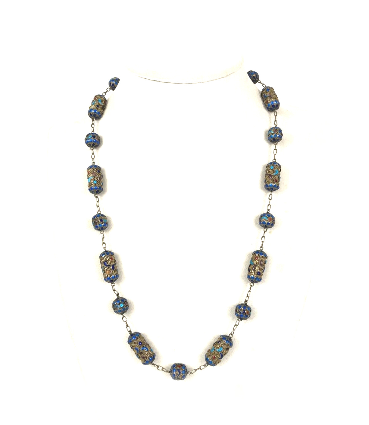 Antique Chinese Mesh Sterling Silver Gilt Enamel Beaded 26" Necklace Early 1900s