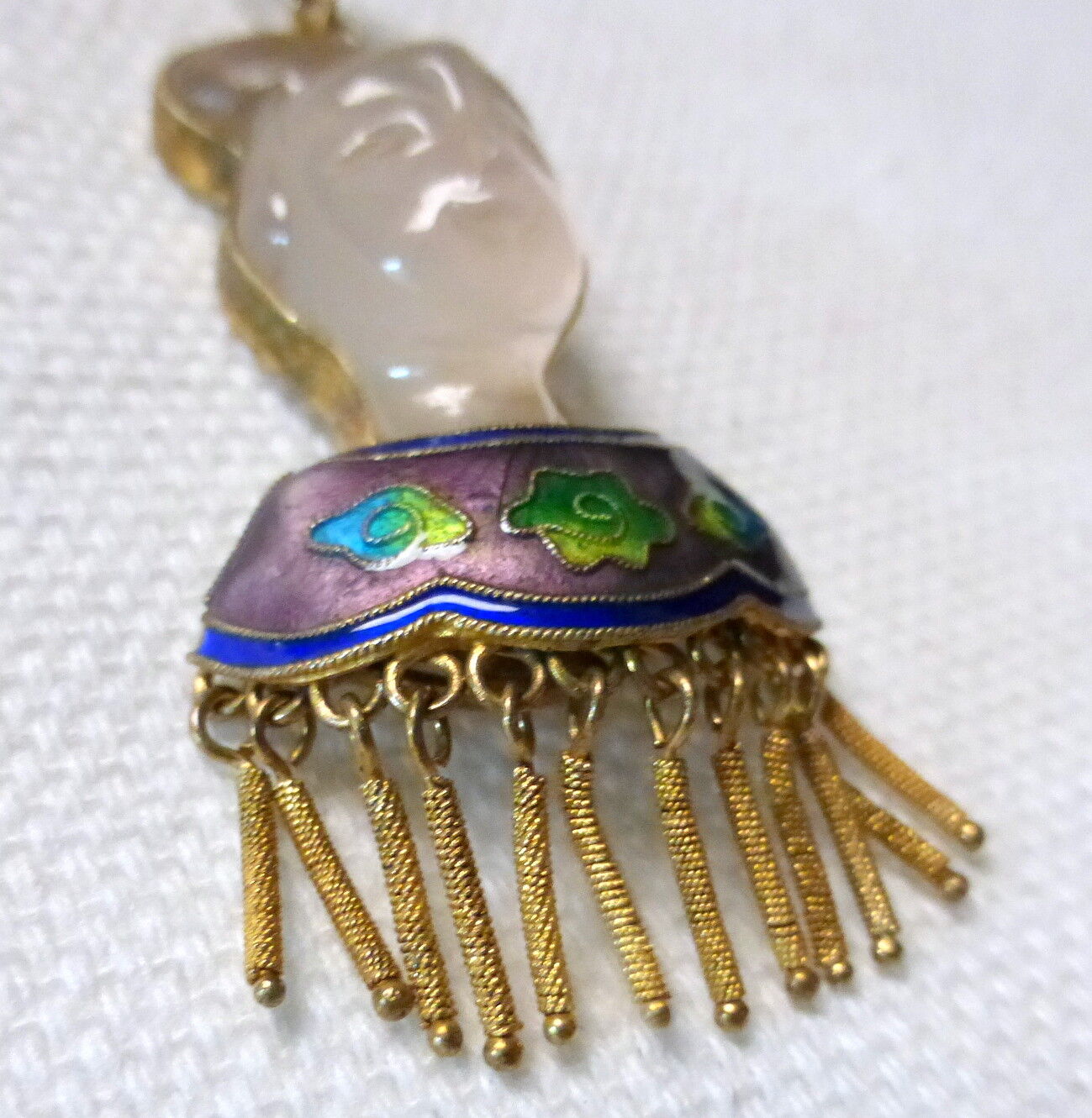1900s China Export Carved Quartz Asian Face Necklace Pendant Gilt Enamel Silver