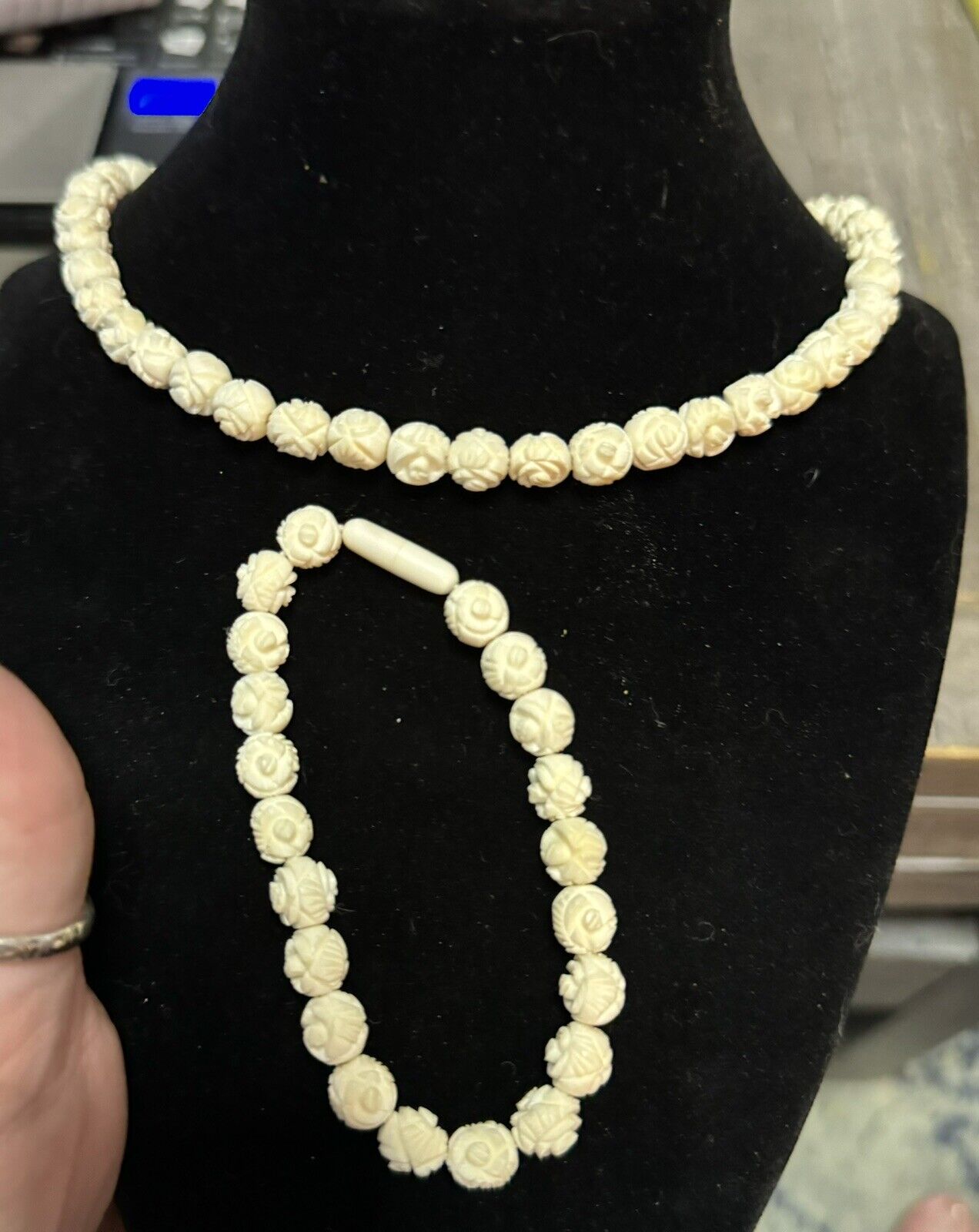RARE Antique HandCarved Necklace/bracelet Earl 1900s Graduated Bead Floral 16”