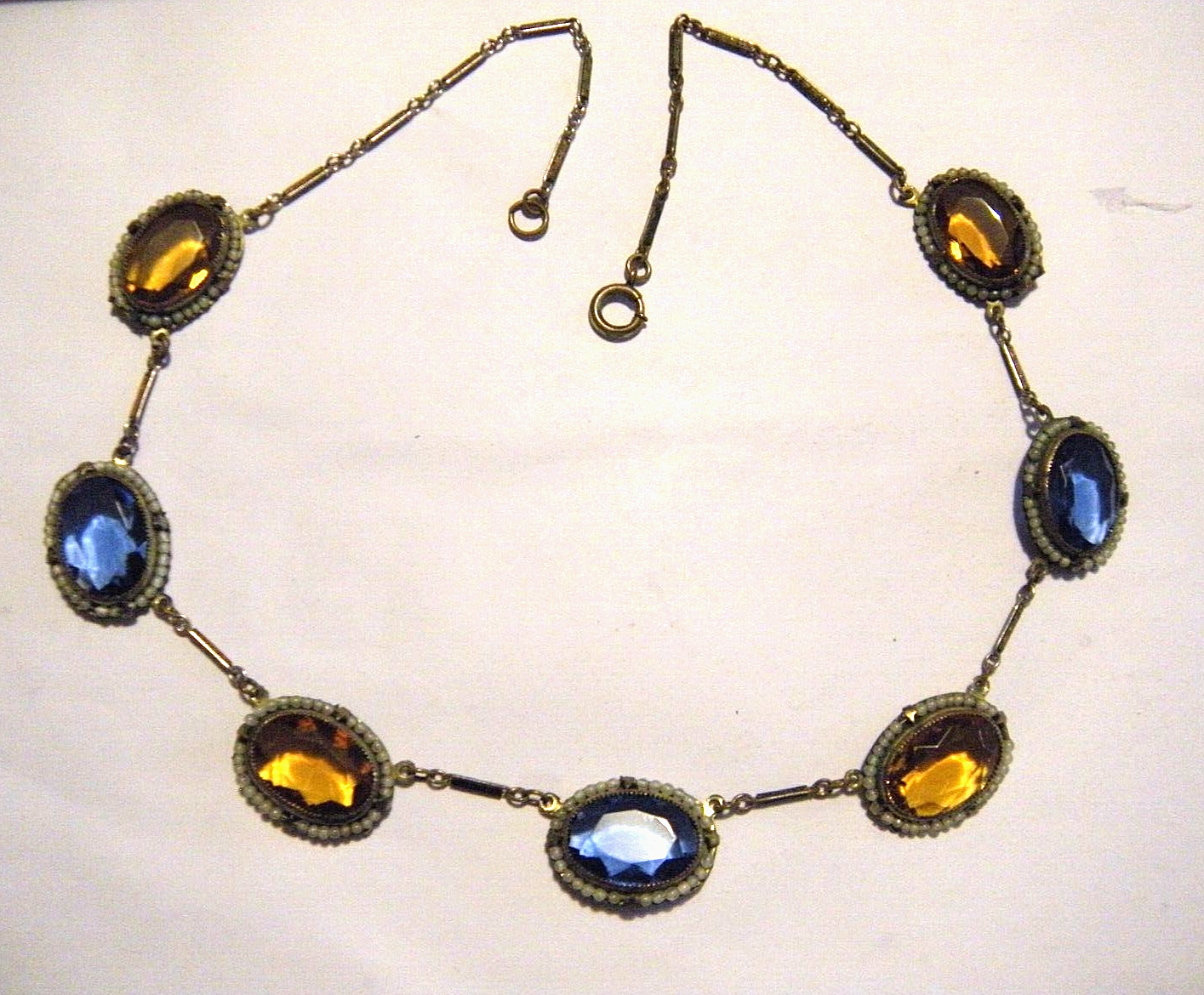 1900s Victorian Large Faceted Stones Seed Pearls Halo Oval Link Collar Necklace