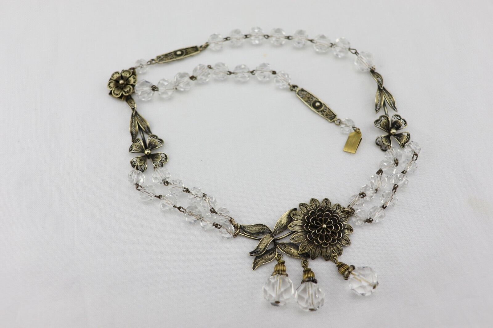 Early 1900's Vintage Gold Gilt Silver Filigree Rock Crystal NECKLACE 18"