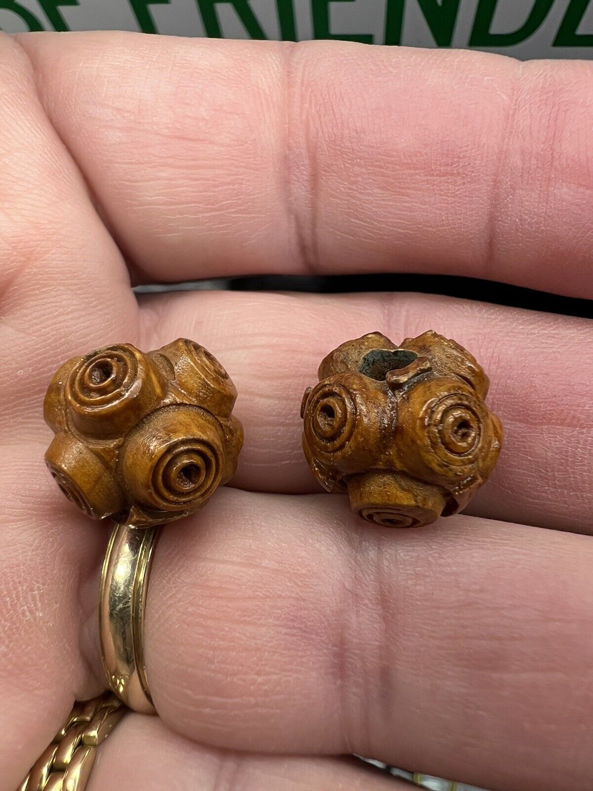 One pair 1800’s French wooden beads closely sized 15–16 mm collectible artisans