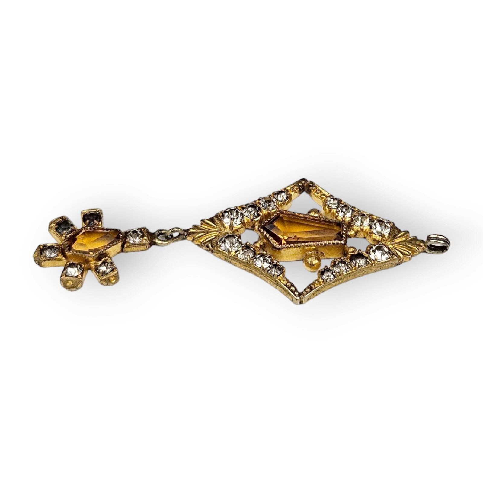 Antique Lavalier Pendant Art Deco Paste Stone Faux Citrine Brass Floral 1900s 2"