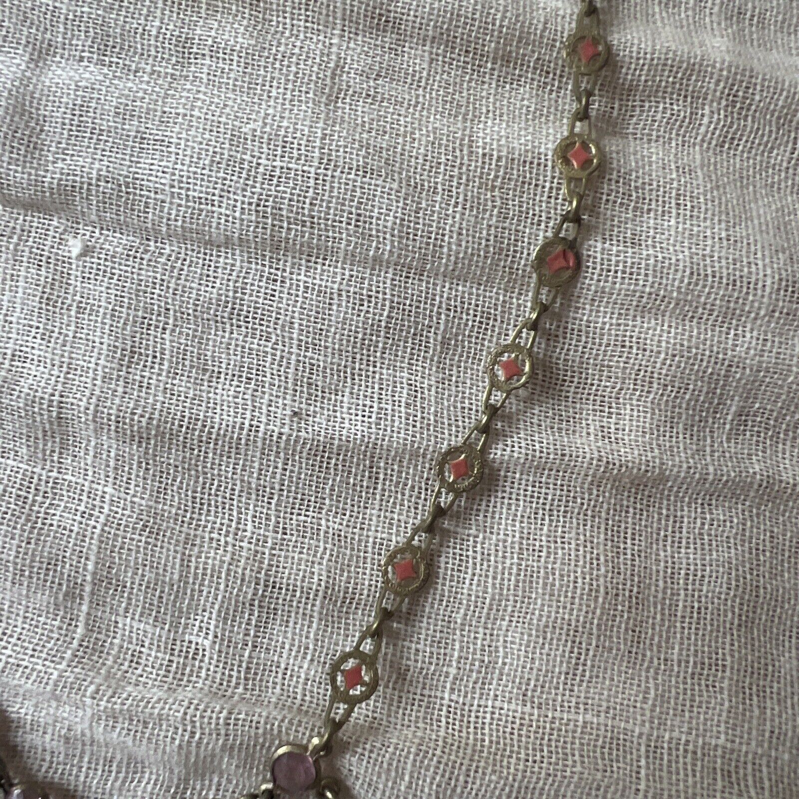 Antique Edwardian 1900s Brass & Pink Rhinestone Dangle Choker Necklace Vintage