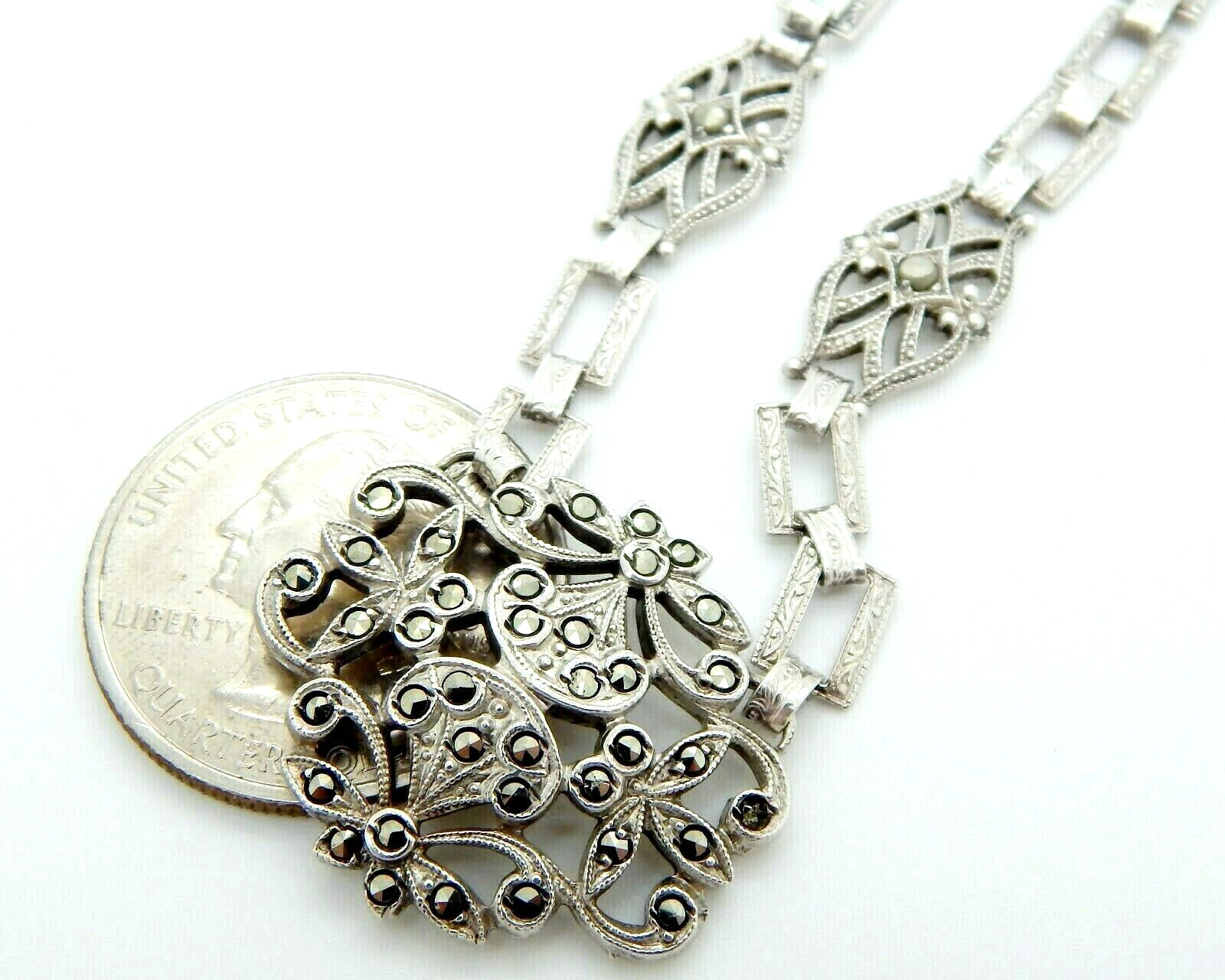 Antique 1900's Sterling Silver Marcasite Necklace 17" Beautifully Detailed Chain