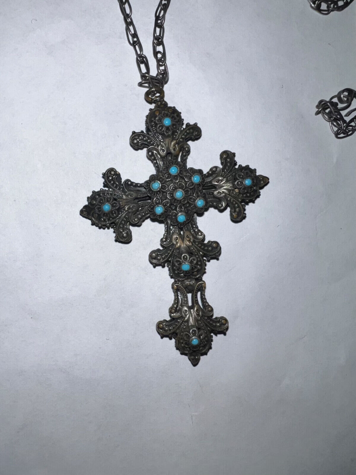 1800's Spectacular Antique Two-Sided Cross Pendant sterling w/ blue stones cl#9