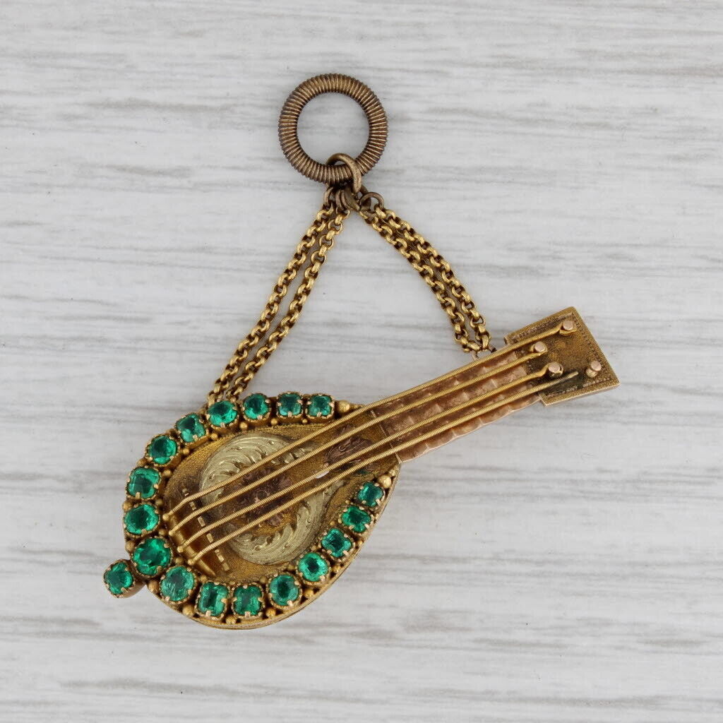 1800s Georgian Mandolin Charm Fob Pendant 18k 21k Gold 0.50ctw Emeralds Locket