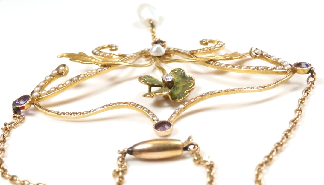 Antique Art Nouveau 1900'S Diamond Pearl Enamel Necklace 17 1/2" 14K Yellow Gold