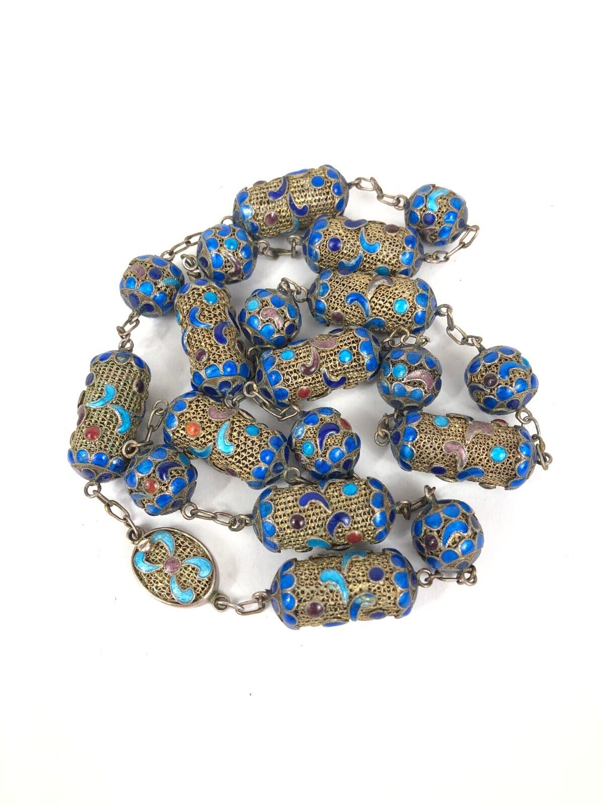 Antique Chinese Mesh Sterling Silver Gilt Enamel Beaded 26" Necklace Early 1900s