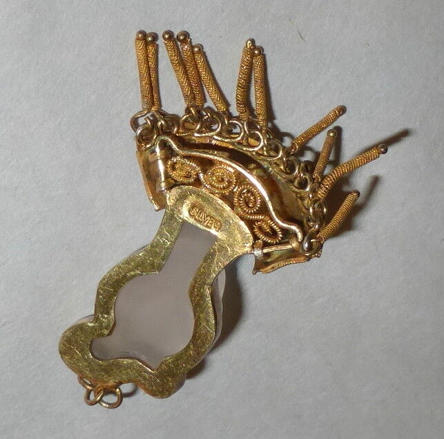 1900s China Export Carved Quartz Asian Face Necklace Pendant Gilt Enamel Silver
