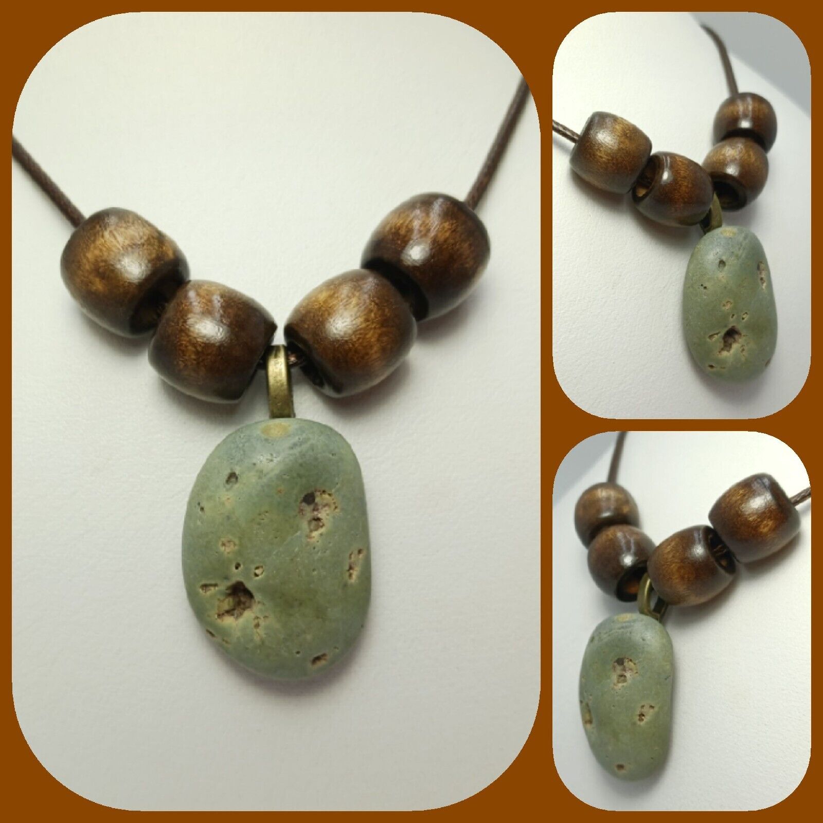 1800's Matte Green Slag Glass Unique Michigan Pendant Necklace Wood Accents