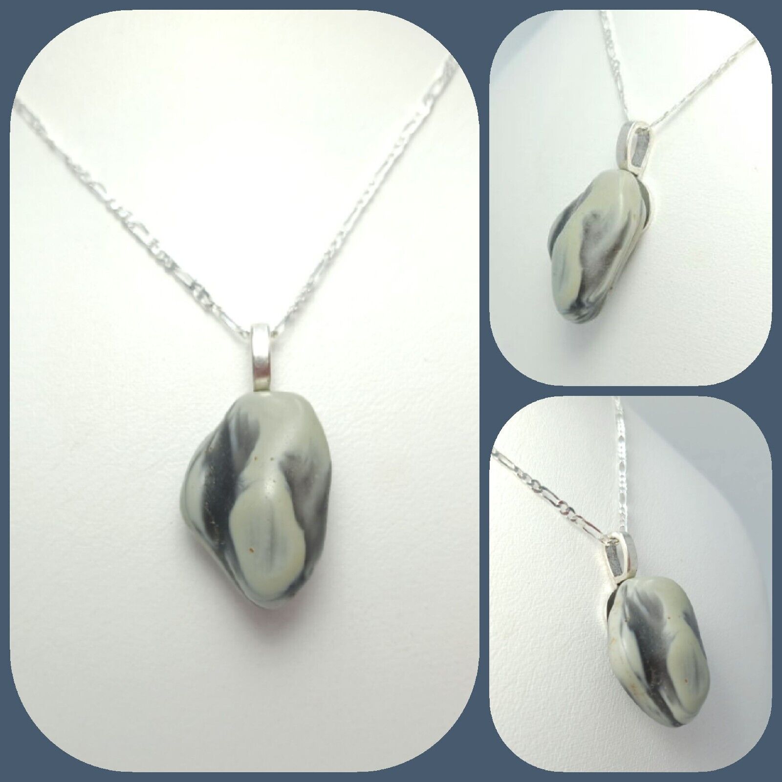 Michigan 1800's Blue Swirl Slag Matte Glass Pendant 925 Silver Necklace
