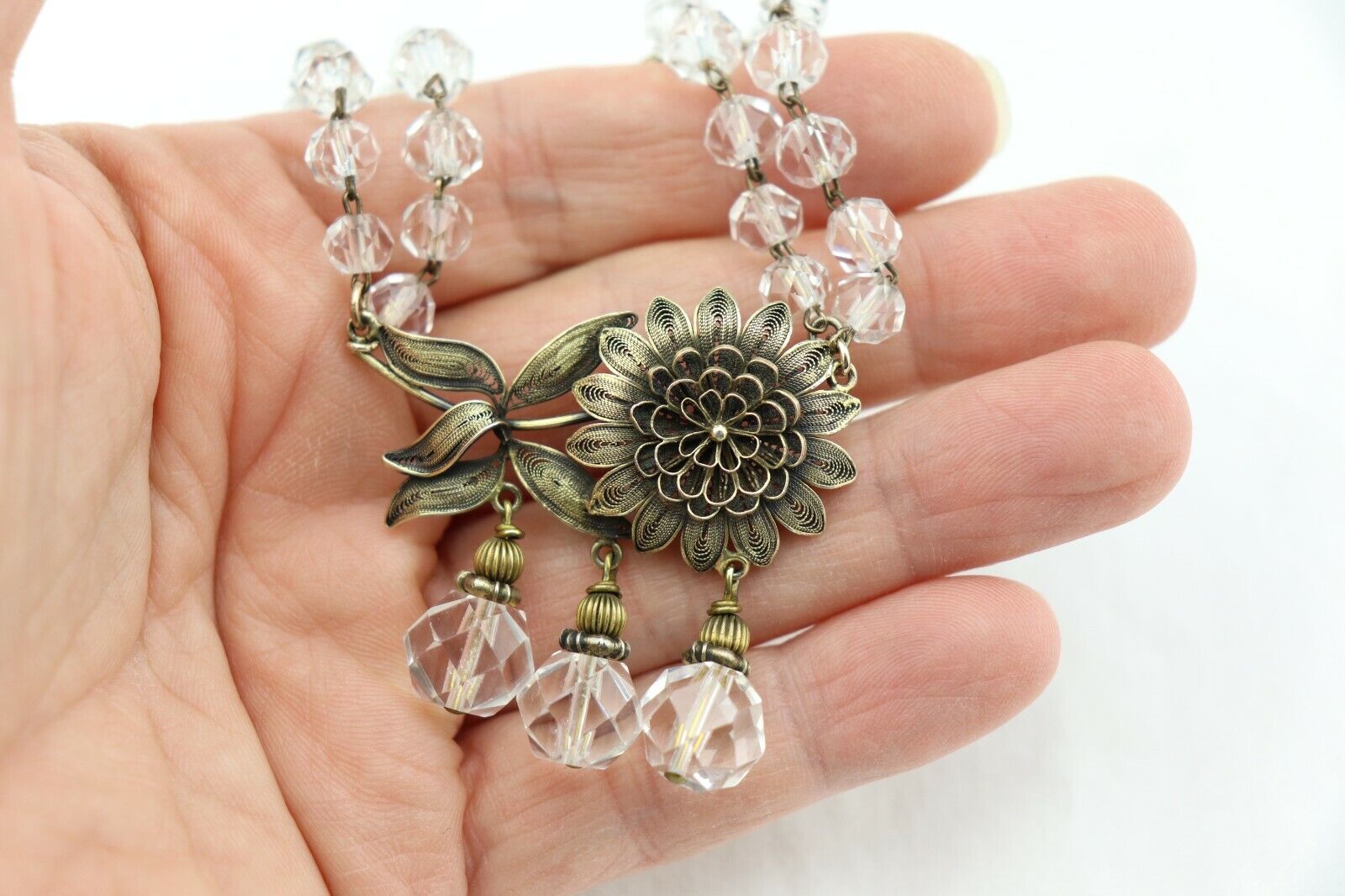 Early 1900's Vintage Gold Gilt Silver Filigree Rock Crystal NECKLACE 18"