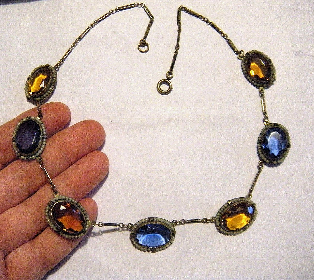 1900s Victorian Large Faceted Stones Seed Pearls Halo Oval Link Collar Necklace