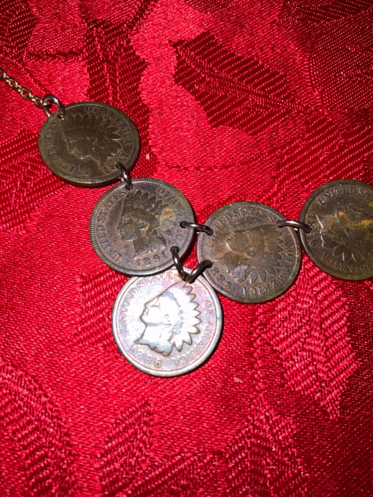 VINTAGE 5 INDIAN HEAD PENNY NECKLACE ALL 1800s GOLD TONE CHAIN