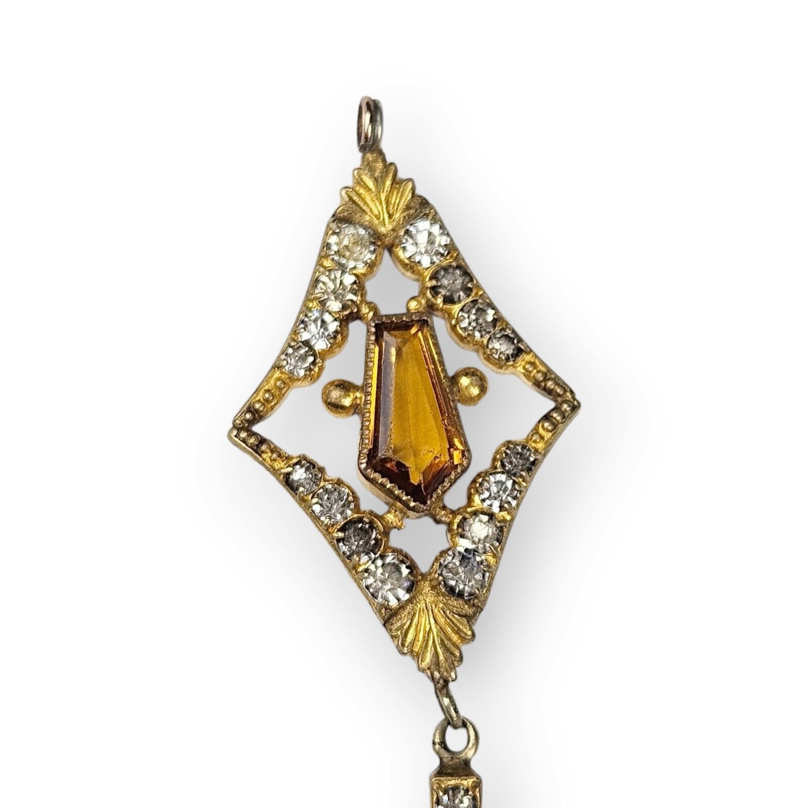 Antique Lavalier Pendant Art Deco Paste Stone Faux Citrine Brass Floral 1900s 2"