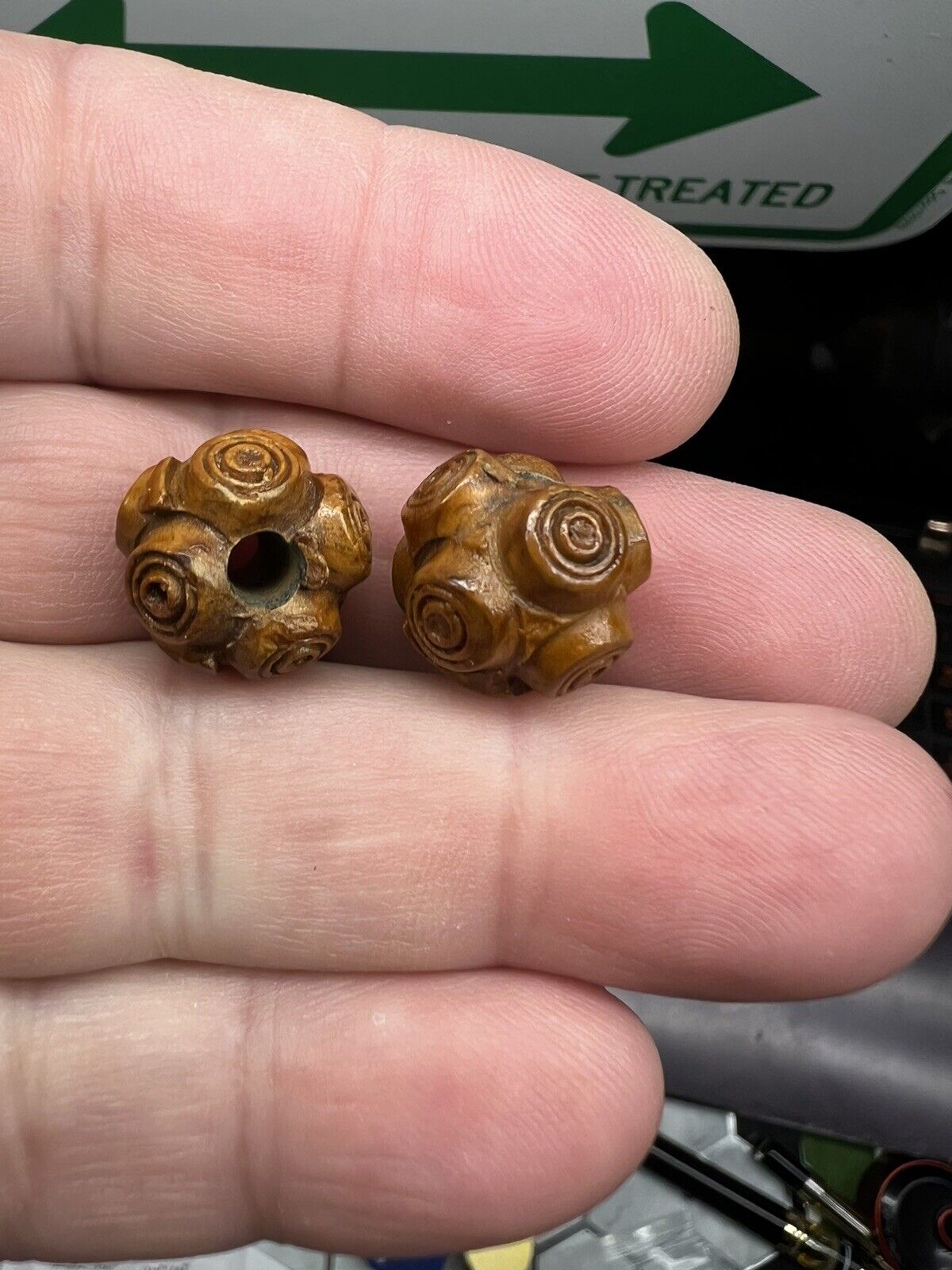 One pair 1800’s French wooden beads closely sized 15–16 mm collectible artisans
