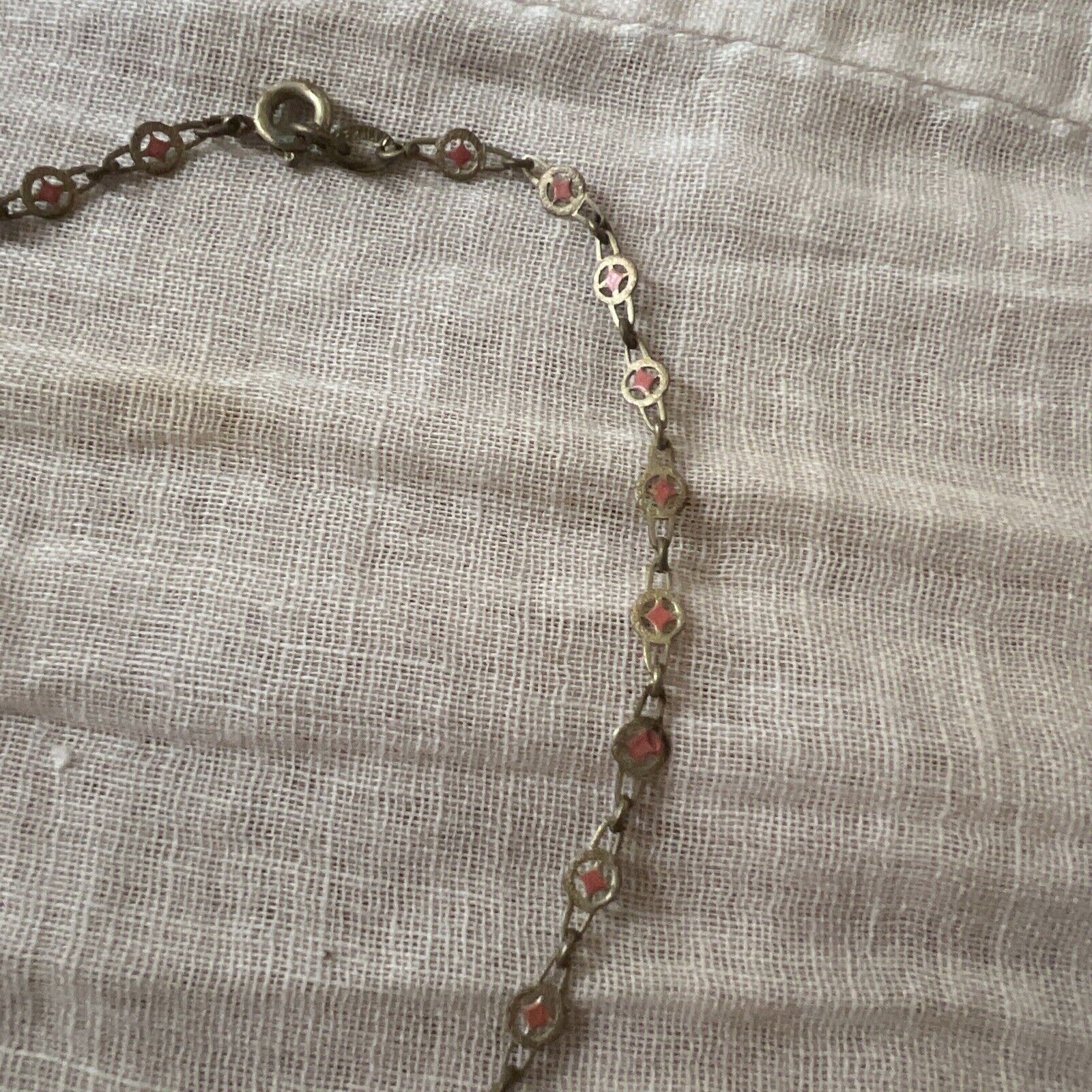 Antique Edwardian 1900s Brass & Pink Rhinestone Dangle Choker Necklace Vintage