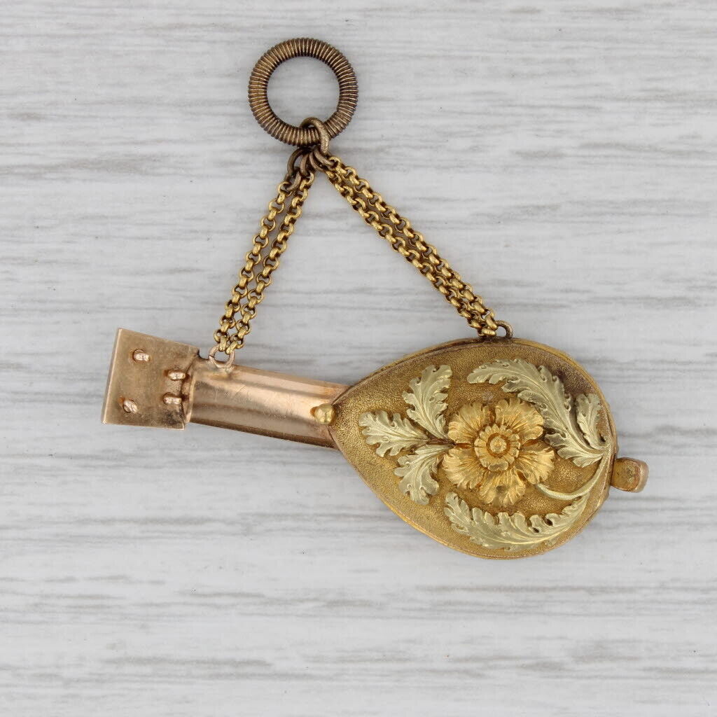 1800s Georgian Mandolin Charm Fob Pendant 18k 21k Gold 0.50ctw Emeralds Locket