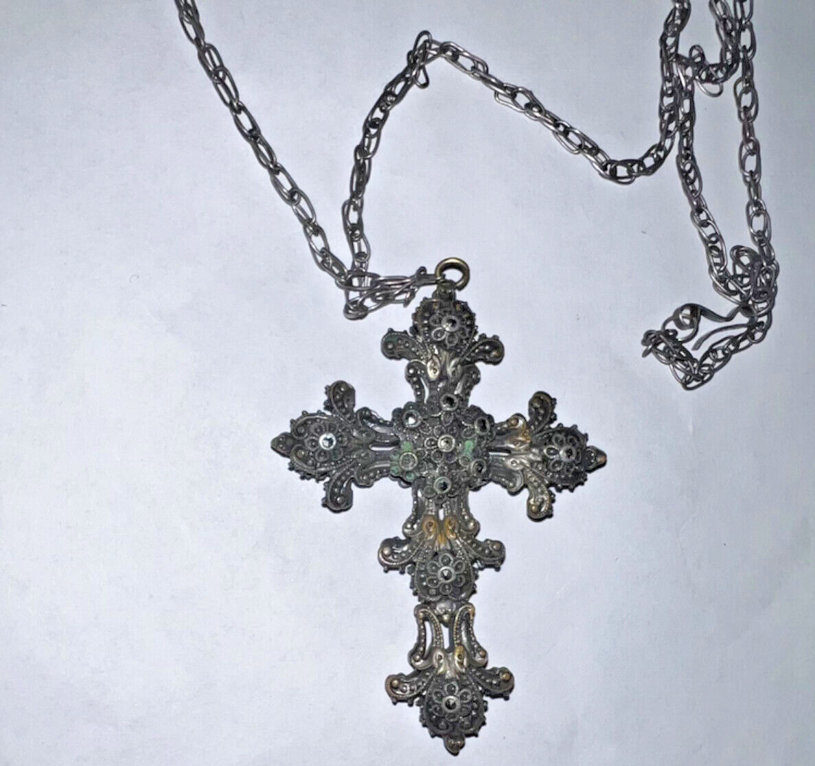 1800's Spectacular Antique Two-Sided Cross Pendant sterling w/ blue stones cl#9