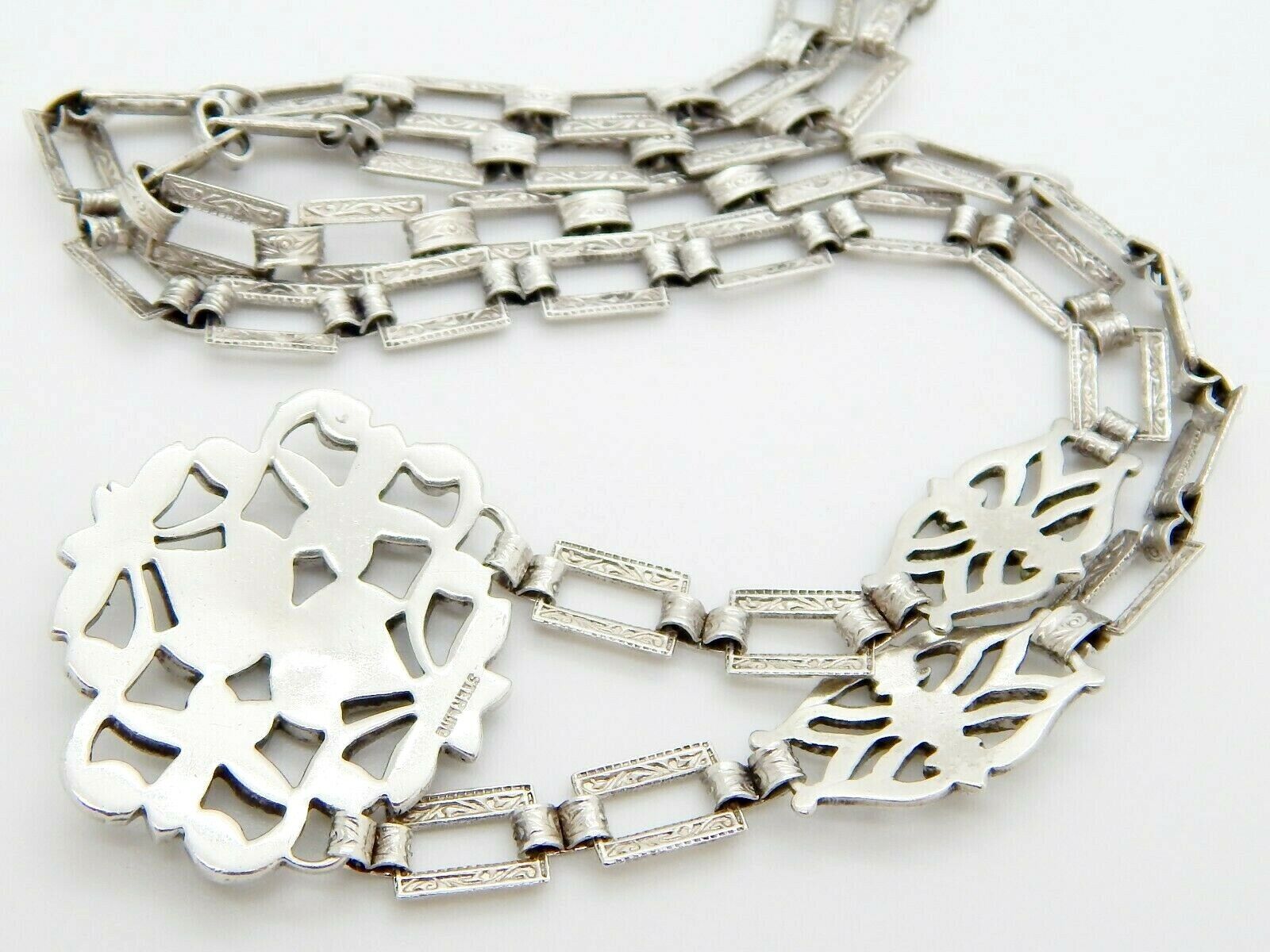 Antique 1900's Sterling Silver Marcasite Necklace 17" Beautifully Detailed Chain